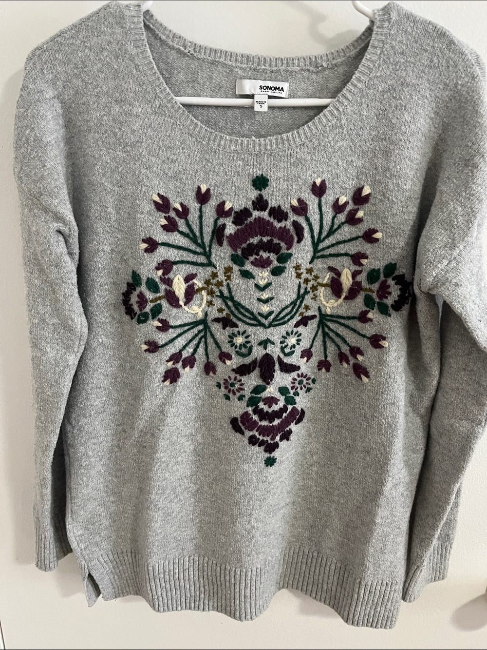 Sonoma Gray Crewneck Sweater with Purple, Green & Cream Floral Embroidery